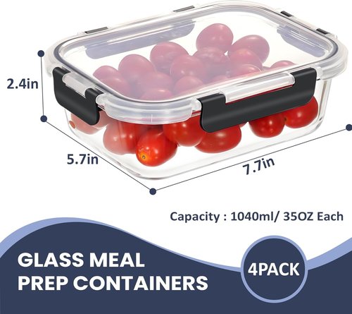HOTEC 35oz Glass Food Storage Containers - Airtight Lunch & Fruit Containers, 4-Pack | Microwave & Oven Safe