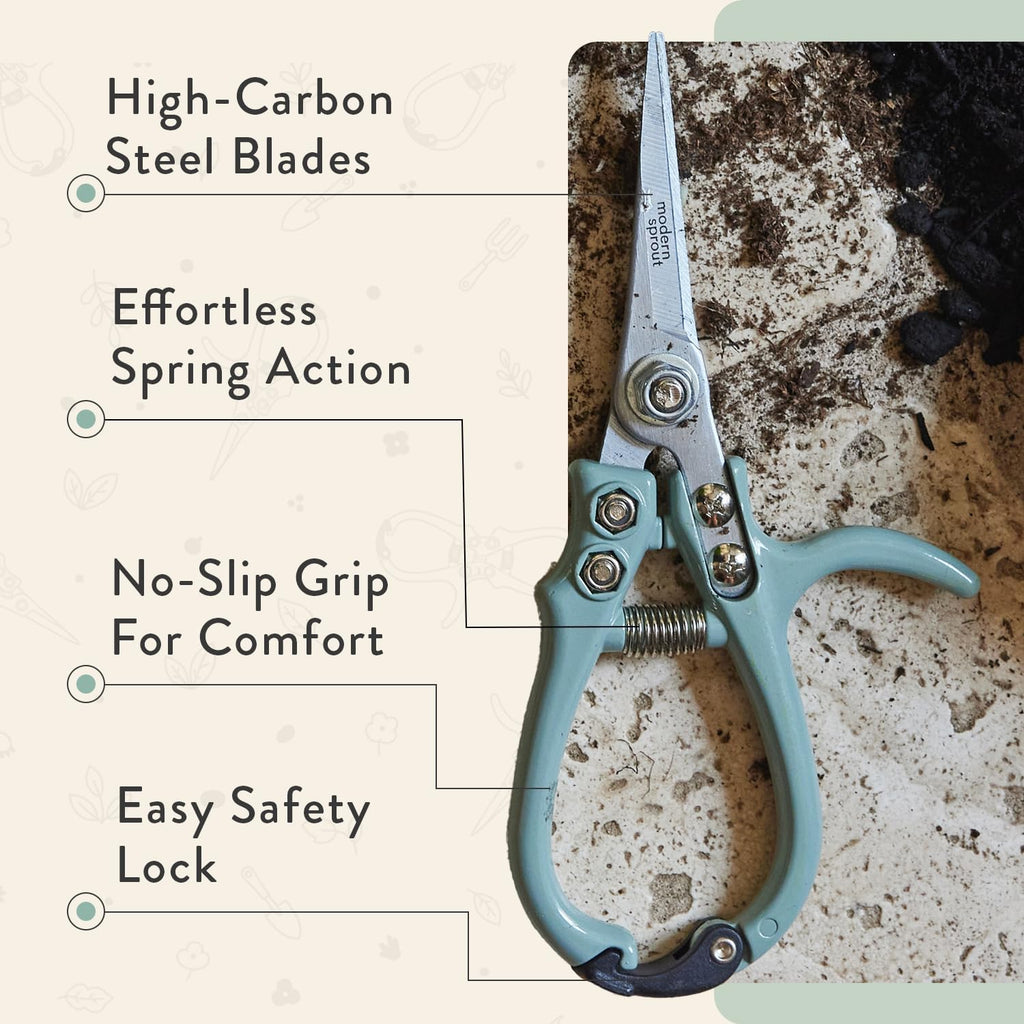 Modern Sprout Pruning Shears - Lightweight Herb Snipping Scissors with Easy Lock | Carbon Steel Blade, Green