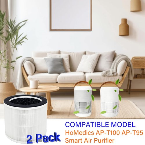 2 Pack AP-T100FL Replacement Filter for HoMedics AP-T100 AP-T95 Smart Air Purifier, 3-in-1, H13 True HEPA with Activated Carbon and Pre-Filter