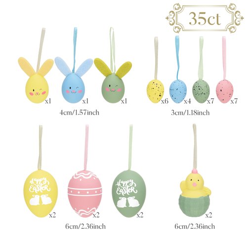 Valery Madelyn 35Pcs Easter Eggs Ornaments Tree Decorations, Pastel Pink Blue Plastic Easter Eggs Bulk Tree Ornaments, 1.2"-2.4" Shatterproof Decorative Hanging Egg for Spring Party Decor