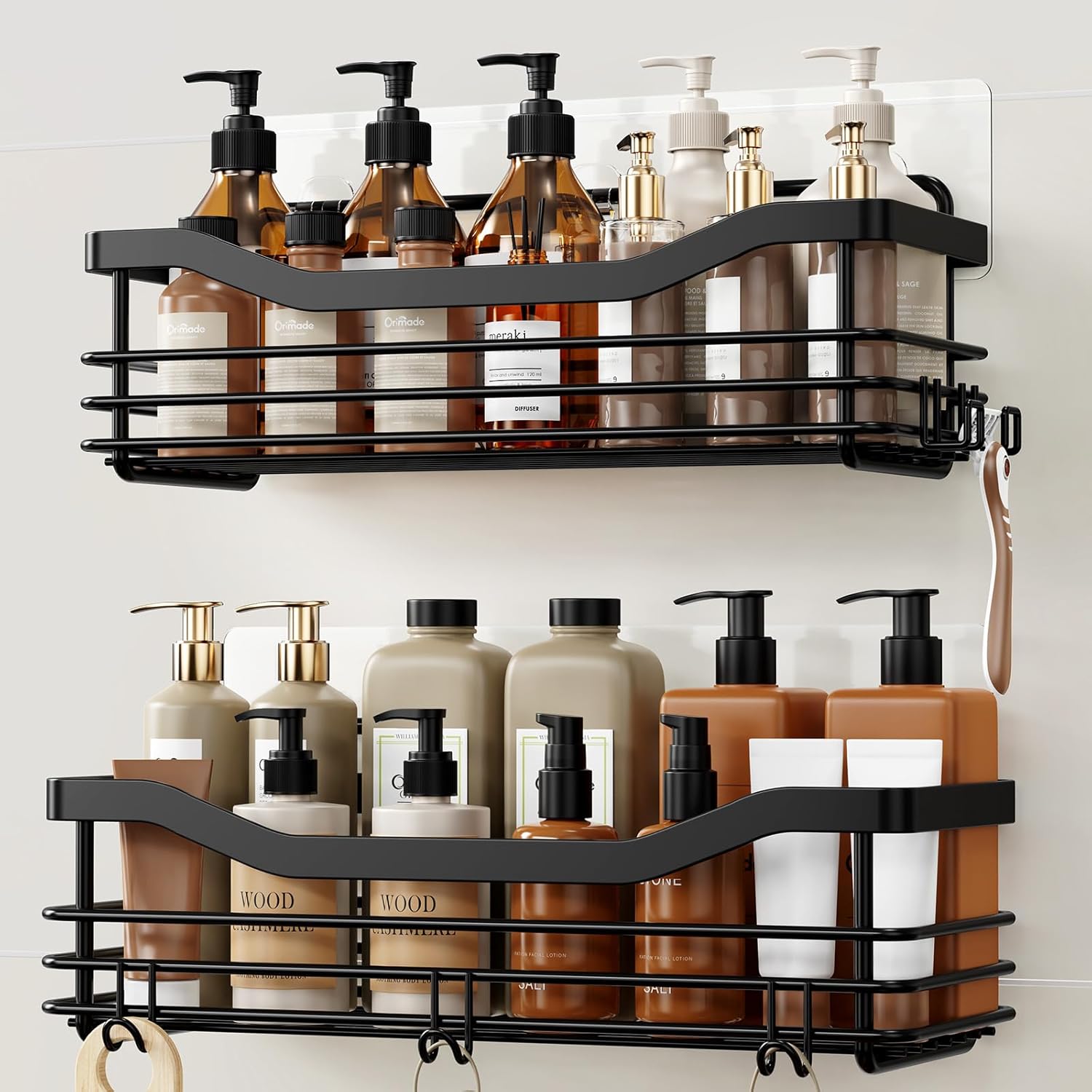 Orimade Shower Caddy Shelf - Rust Resistant Wall-Mounted Organizer with 5 Hooks | 2 Pack, Black