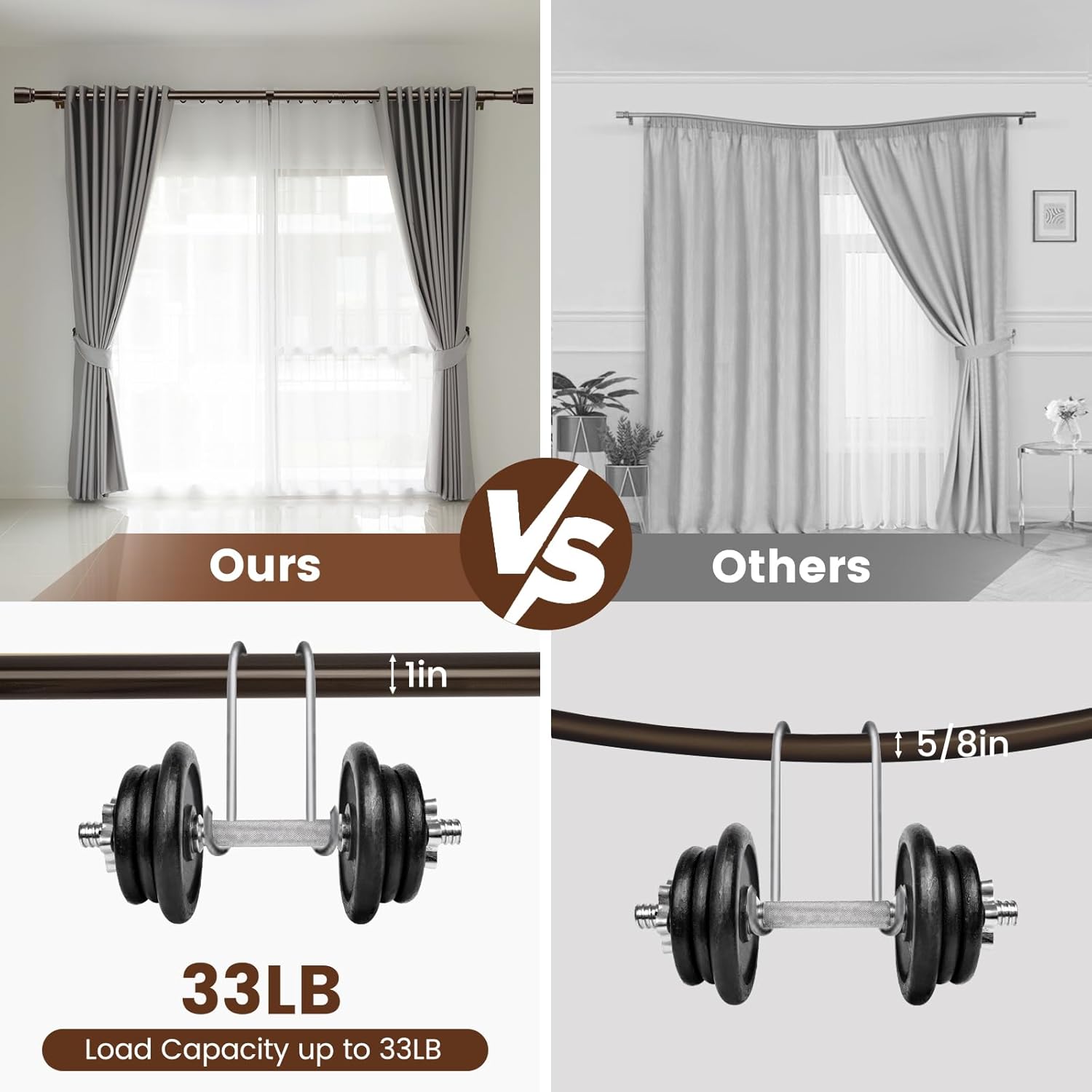 Skiennix Heavy-Duty Adjustable Brown Curtain Rod | 30-144 Inch, Fits 66-120 Inch Windows