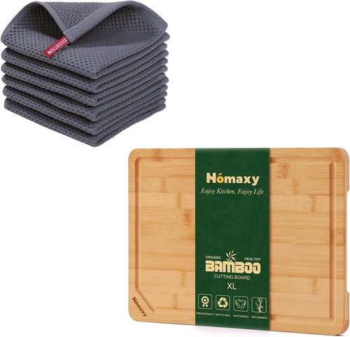 Homaxy 100% Cotton Waffle Weave Dish Cloths - 12x12 Inches, 6-Pack in Dark Grey | Extra Large Bamboo Cutting Board - 18x12 Inches