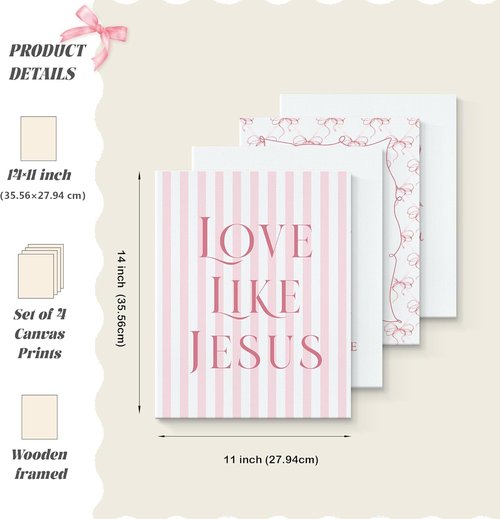 LARTSFRO Coquette Pink Bow Canvas Wall Art - Inspirational Bible Verses | 11x14 Inch Set of 4 for Teen Girls