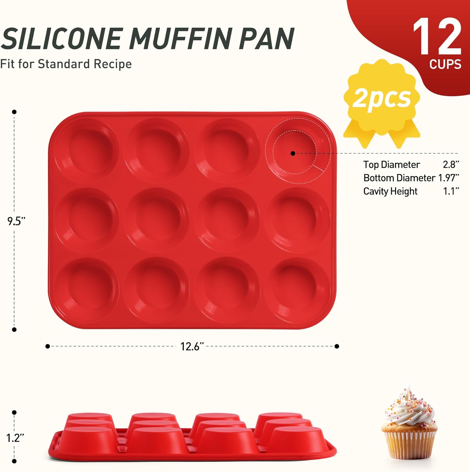 Skiennix Silicone Muffin Pan - 12-Cup Nonstick Baking Molds with Metal Reinforced Frame | Regular Size