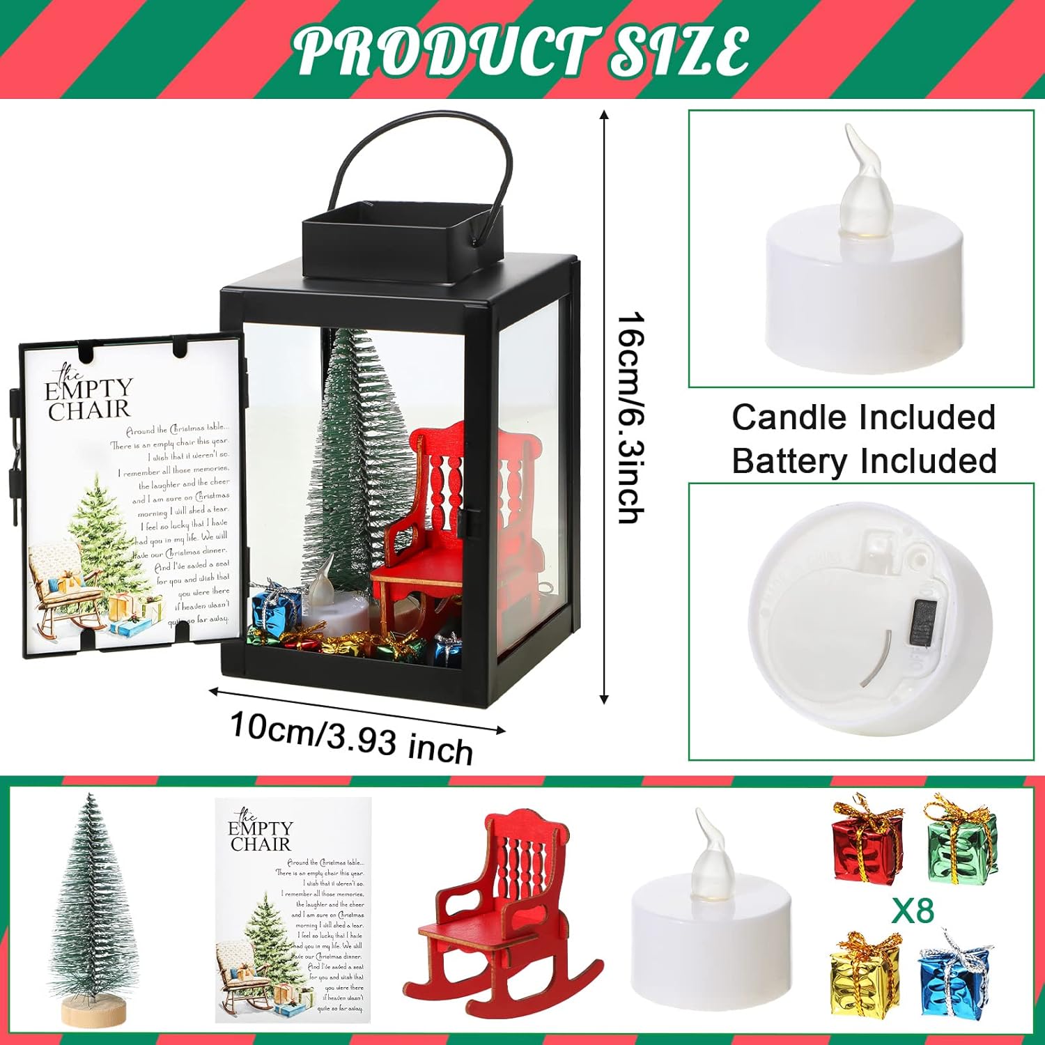 Roowest Memorial Lantern - Christmas In Heaven Decor with LED Candle & Mini Tree | 13-Piece Set