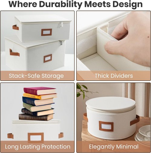 HOMELUX THEORY Hard Shell China Storage Containers - 8pc Ivory Mug & Plate Box with Lids | Heavy-Duty Kitchen Storage Bins