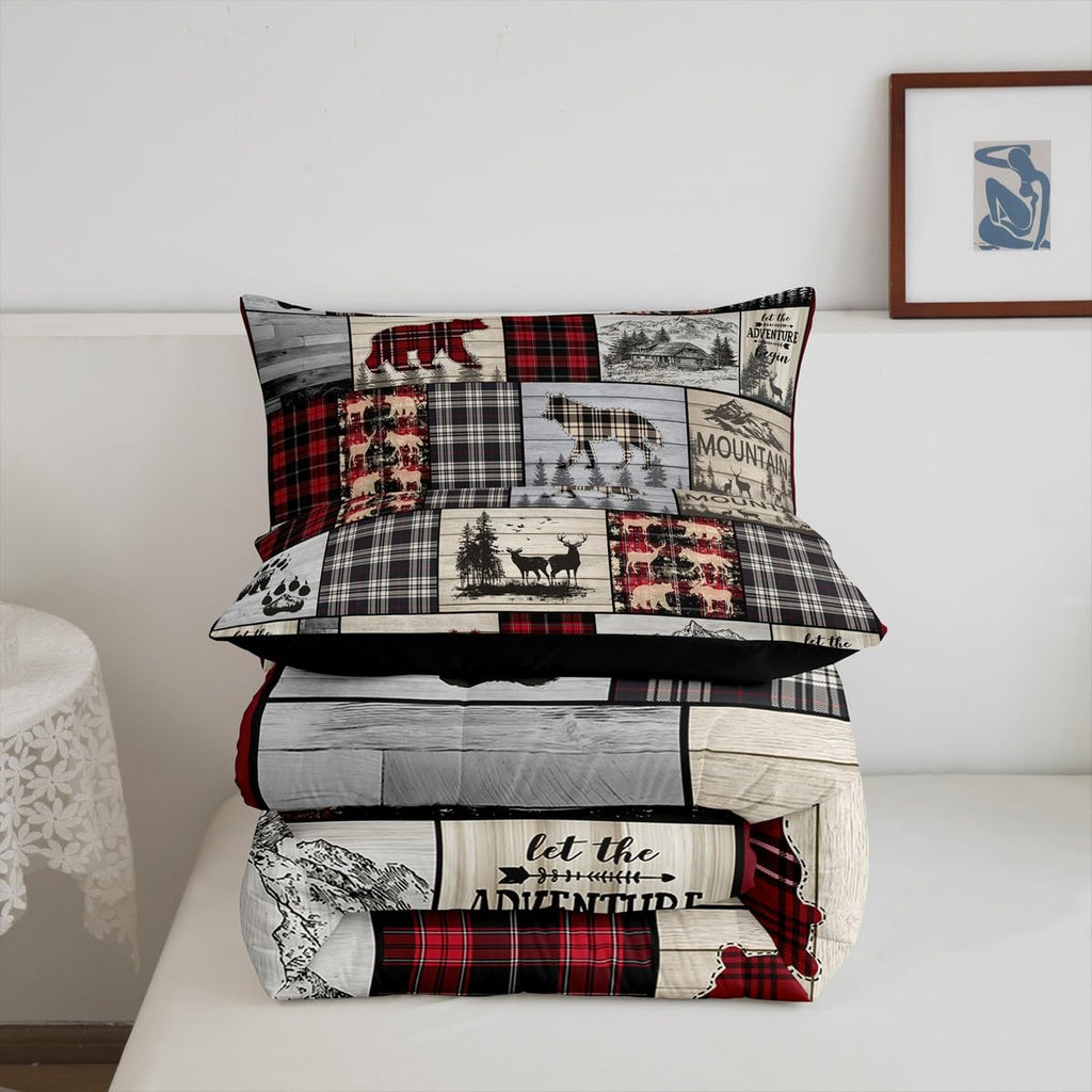 Rustic Cabin Comforter Set Full Woodland Wolf Deer Bear Comforter For Kids Adults,Red Black Buffalo Plaid Bedding Set Wildlife Camping Lodge Mountain Quilt Bedding Southwestern Farmhouse Decor