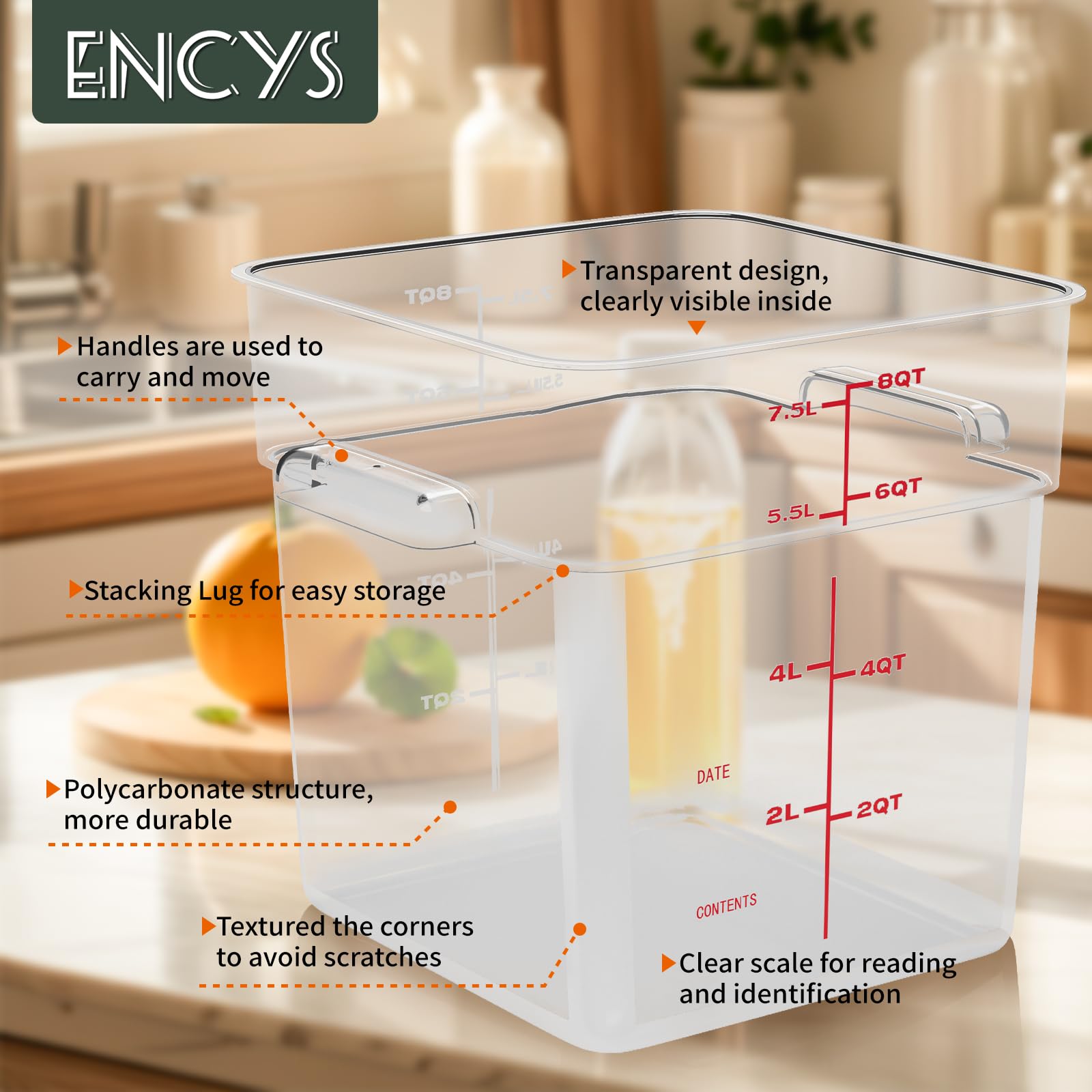 ENCYS 8 Quart Set of 4 Food Storage Containers Commercial Clear Square Food Storage Containers with Lids and Handles(BPA FREE)