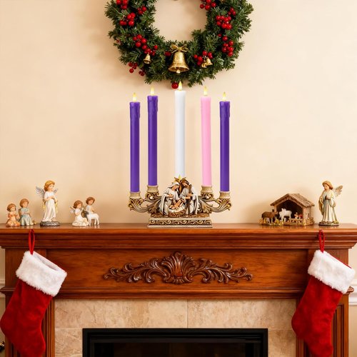 Lezonic Flameless Advent Candles - Battery Operated Set of 5 Wax Taper Candles for Christmas Decor | 3 Purple, 1 Pink, 1 White