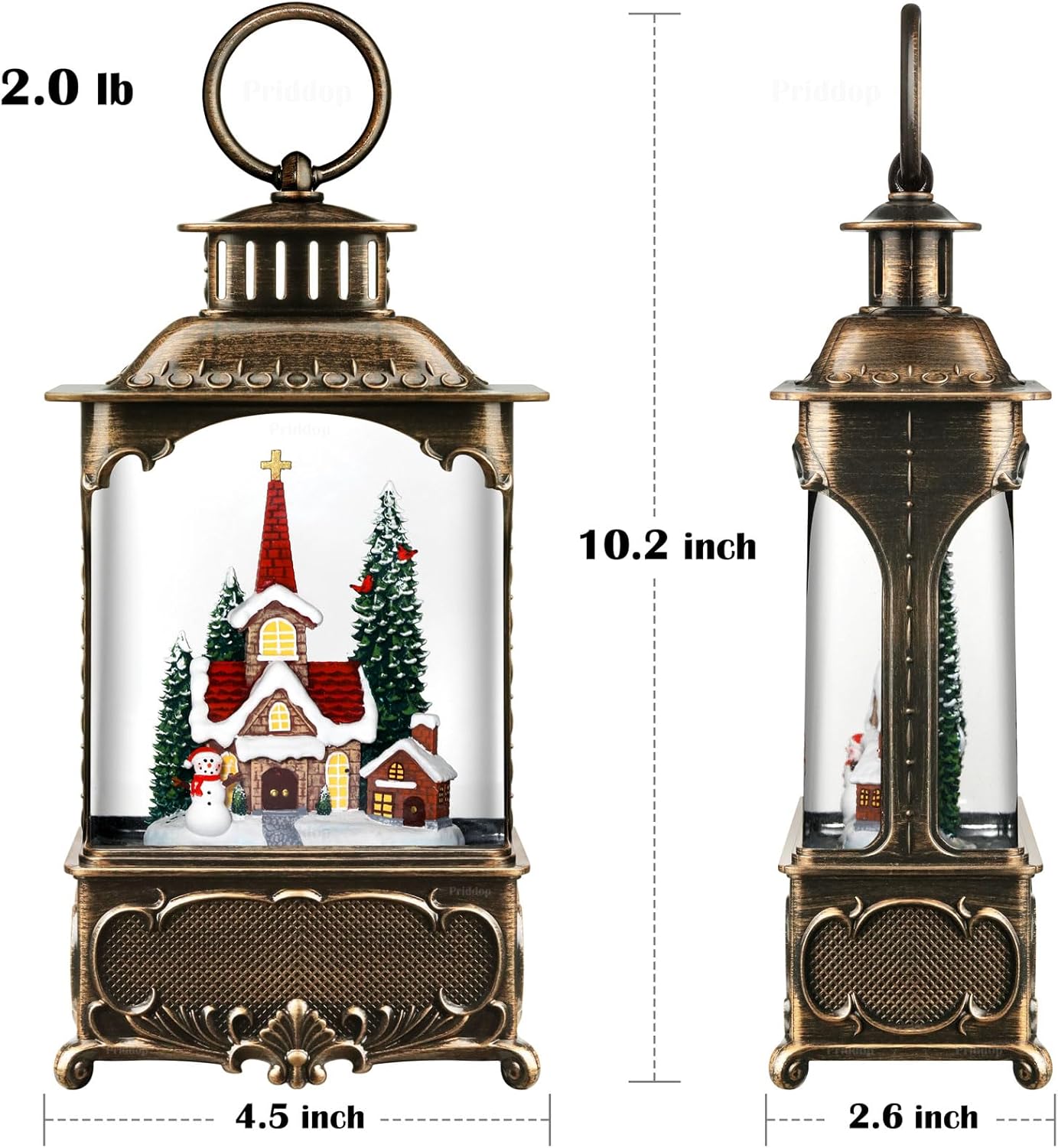 Priddop Church Snow Globe | Christmas Decorations with Snowman & Cardinal | 10.2-Inch Musical Lantern