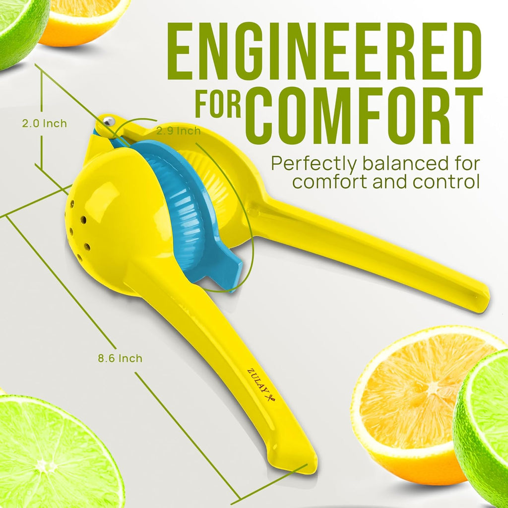 Zulay 2-In-1 Lemon Squeezer - Sturdy Manual Juicer for Maximum Juice Extraction | Easy to Clean - Yellow/Blue