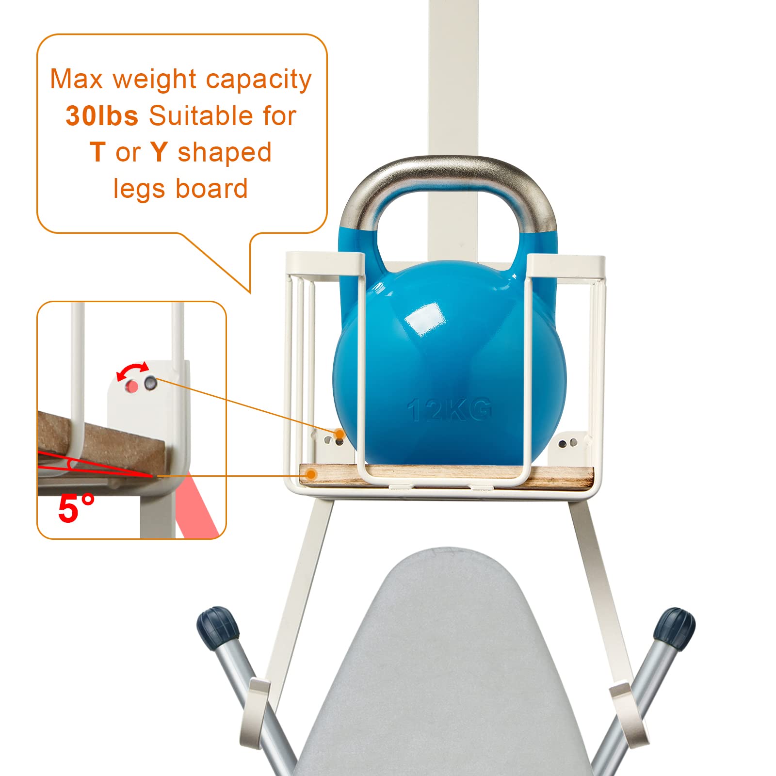 TJ.MOREE Over The Door/Wall Mount Ironing Board Hanger, Laundry Room Iron and Ironing Board Storage Holder, White