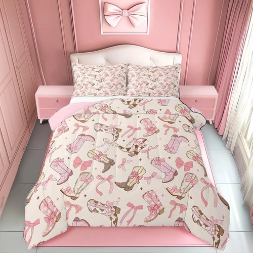 Feelyou Pink Bow Comforter Set Twin Size Kids Cute Bowknot Comforter for Boys Teens Girls Bow Bedding Set Breathable Western Boots Duvet Set Room Decor Bow Quilt Set