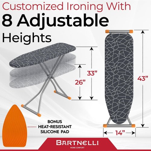 Bartnelli Compact Ironing Board - Space-Saving Steel Design | Adjustable Height, 13x43, Bonus Hanger & Silicone Pad