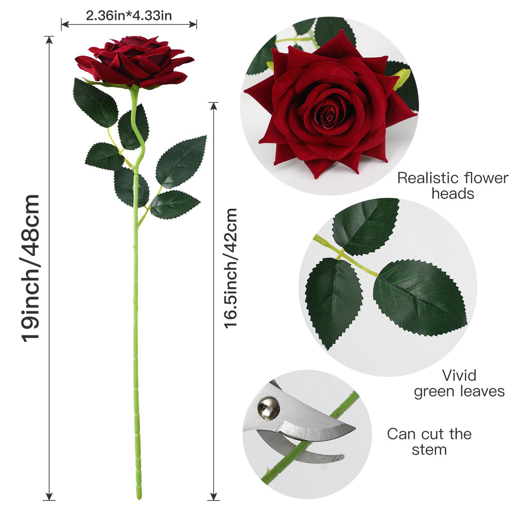 Floweroyal 15PCS Burgundy Roses, Artificial Flowers 4.33" Velvet Flowers with Long Stem Fake Roses for Mom, Wife, Anniversary Birthday Valentine's Day Gift for Women