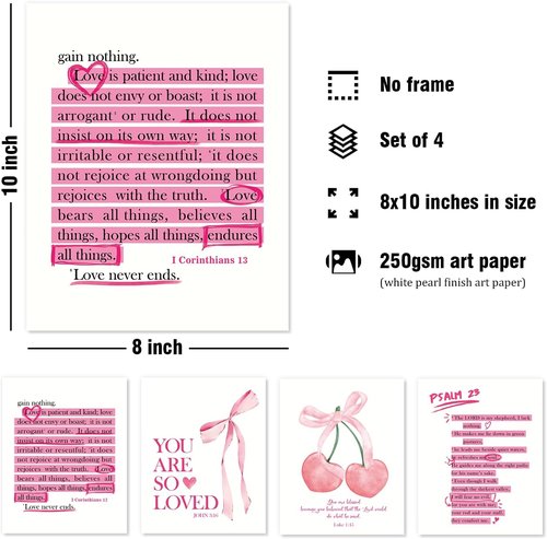 **DSHFG Cute Preppy Pink Bow Bible Verses Wall Decor - Set of 4 Christian Prints for Teen Girls' Bedroom | 8x10 Unframed**