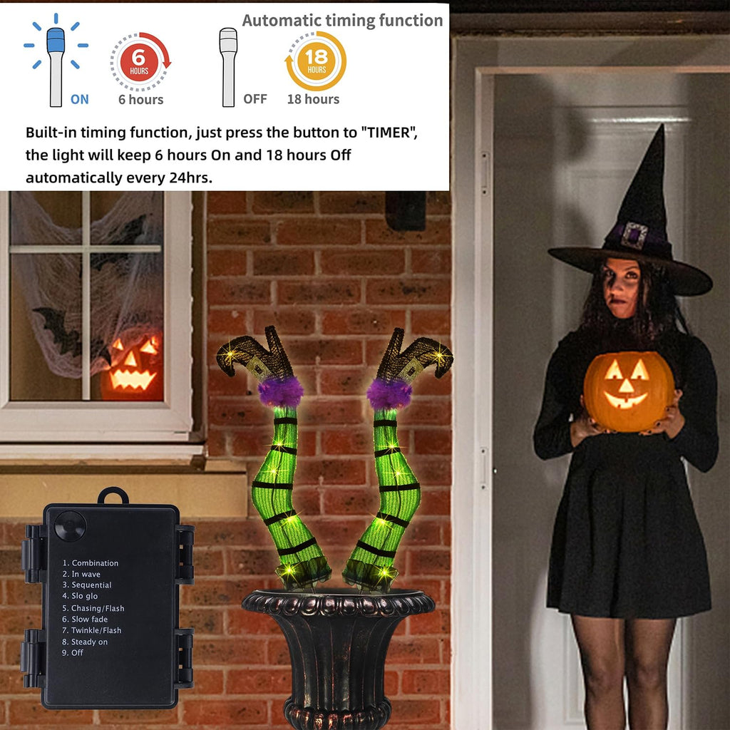 Juegoal Set of 2 Halloween Lighted Wicked Witch Legs with Stakes, 22" Light Up Tinsel Witch Prop, Halloween Yard Signs Timer & 8 Modes, Battery Operated for Outdoor Party Haunted House Garden Decor