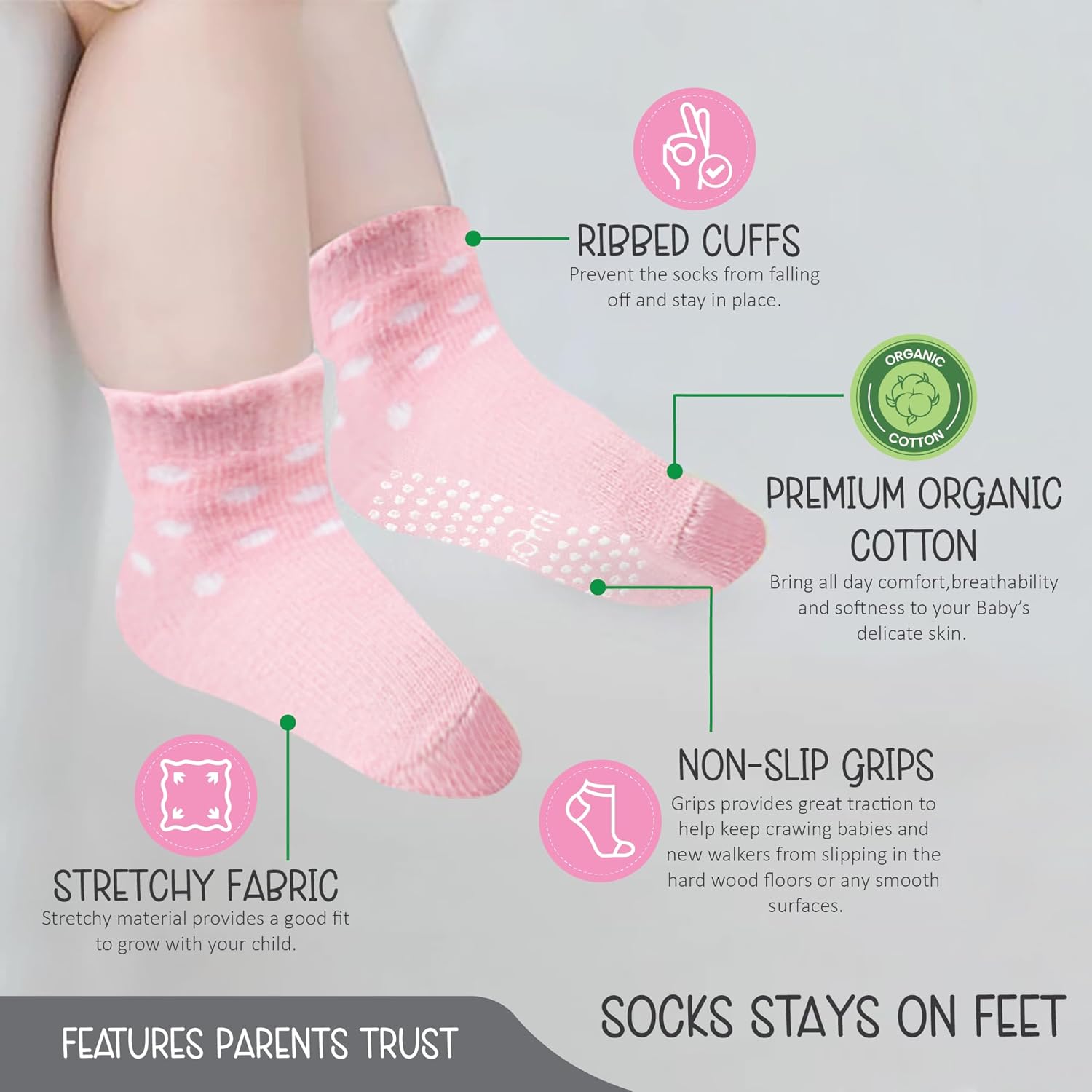 Skiennix Organic Cotton Baby Socks - GOTS Certified, Soft & Breathable | 6 Pairs for Newborn Girls (0-6 Months)