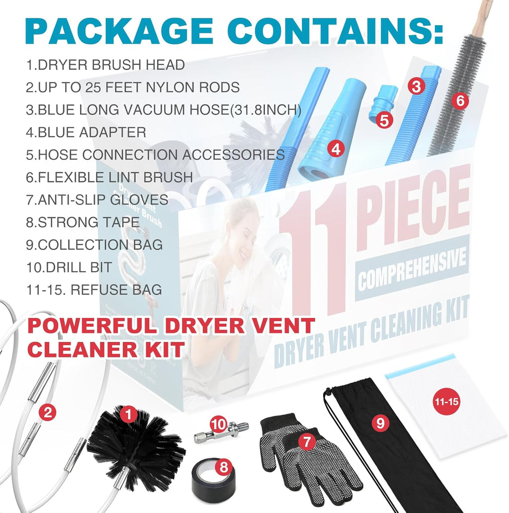Sealegend 15-Piece Dryer Vent Cleaner Kit - 25-Foot Lint Vacuum Attachment & Brush Set (Blue)