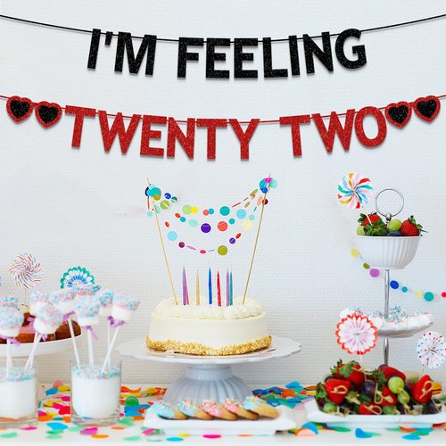Plzaxou 22nd Birthday Party Decorations for Girls Women, Black Red Glitter I'm Feeling Twenty Two Banner, Taylor Singer Themed Girls 22 Years Old Birthday Party Decorations Supplies