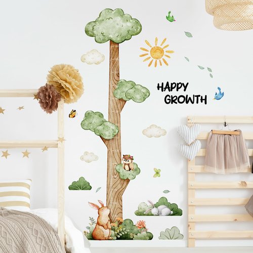 DRWSSR 3D Cartoon Height Growth Chart for Kids Wall Stickers Removable DIY Jungle Animals and Plants Height Sticker Peel and Stick Sun White Clouds Wall Art Decor for Nursery Kids Bedroom Living Room