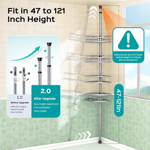 HAMITOR Corner Shower Caddy - Rustproof 4-Tier Bathroom Organizer for Shampoo & Soap | Adjustable 47-121 Inch Silver Gray Rack