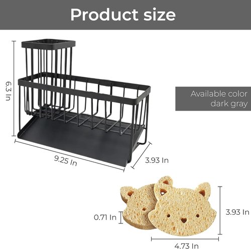 Black Stainless Steel Sponge Holder - Rotating Drain Spout & High Brush Holder | Kitchen Sink Organizer with 2 Bear Sponges