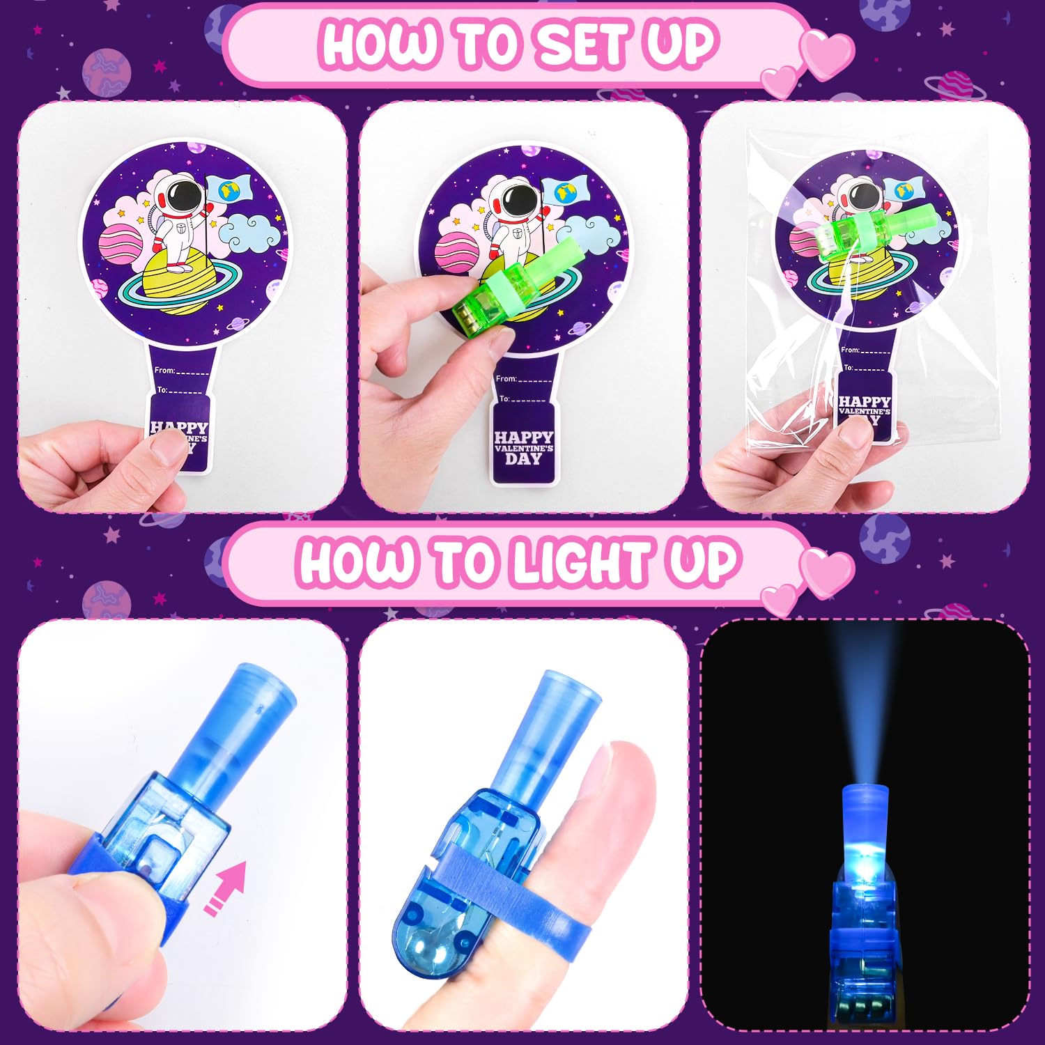 MOVINPE Valentines Day Exchange Gifts for Kids Classroom, 28 Packs Finger Lights with Valentines Cards - Light Up Finger Flashlights Valentine Day Gifts School Party Favors Class Prizes Bulk Space