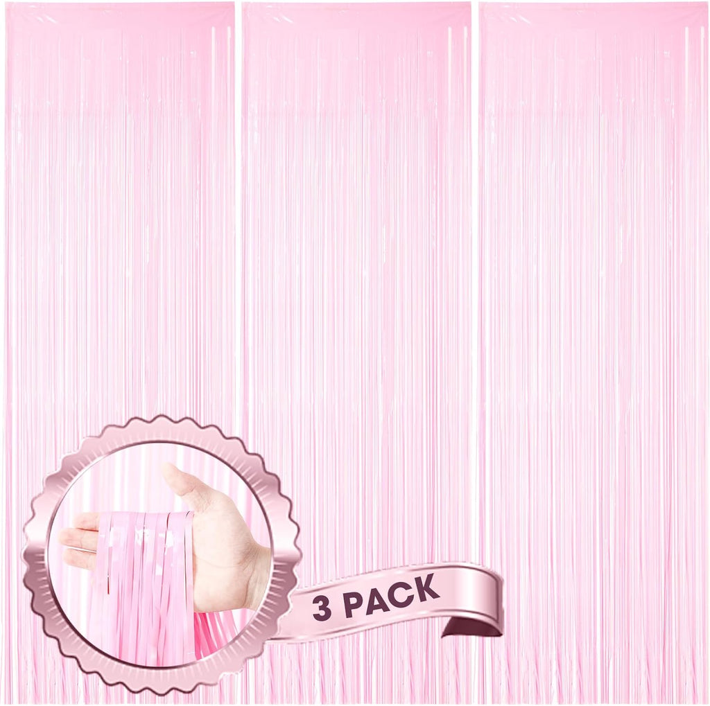 Voircoloria Foil Fringe Backdrop Curtains - 3 Pack of 3.3 x 8.2 Ft Pasel Pink Tinsel Streamers for Parties