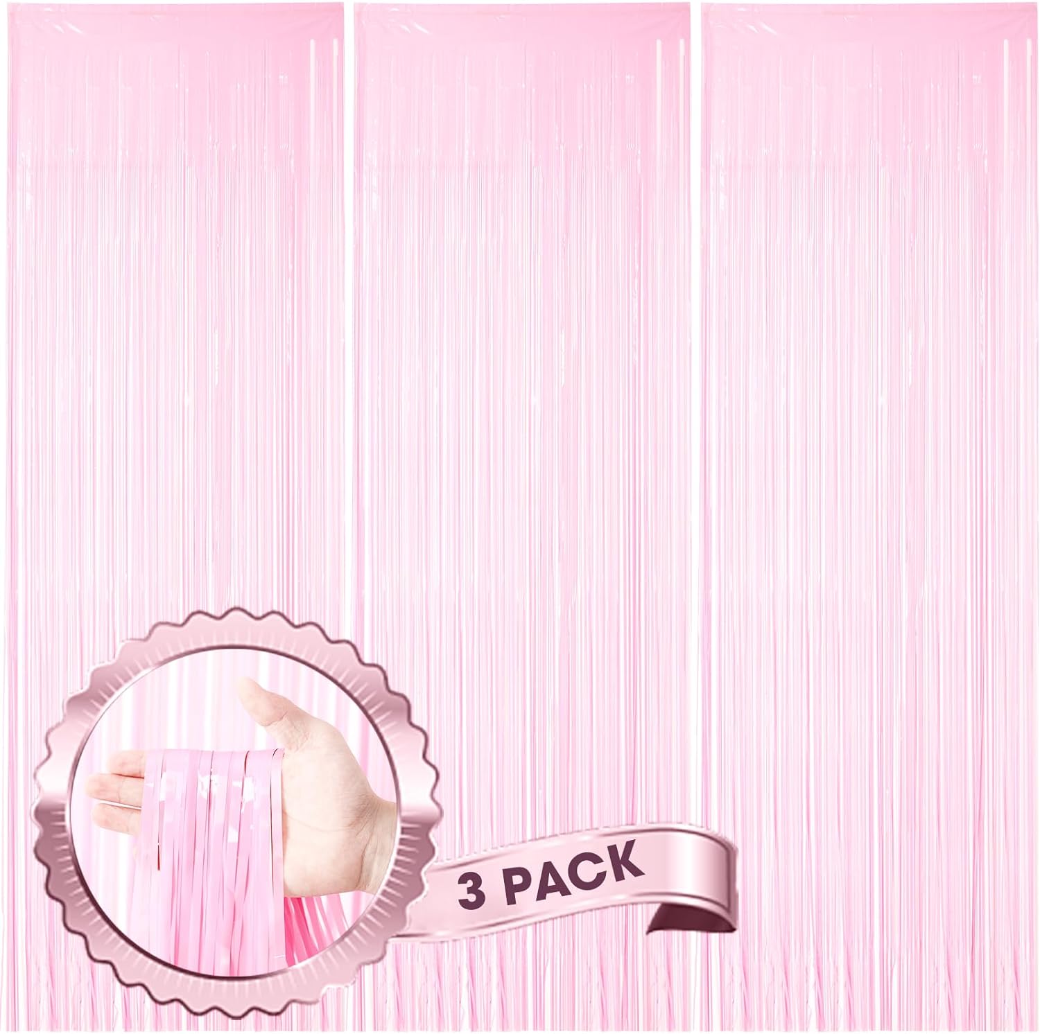 Voircoloria Foil Fringe Backdrop Curtains - 3 Pack of 3.3 x 8.2 Ft Pasel Pink Tinsel Streamers for Parties