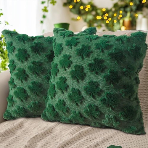 Eliluoni St Patricks Day Pillow Covers, 18x18 Inch Set of 2 Green Shamrock Throw Pillows, Soft Plush & Faux Fur Decor for Couch Sofa Bedroom, Holiday Home Decorations