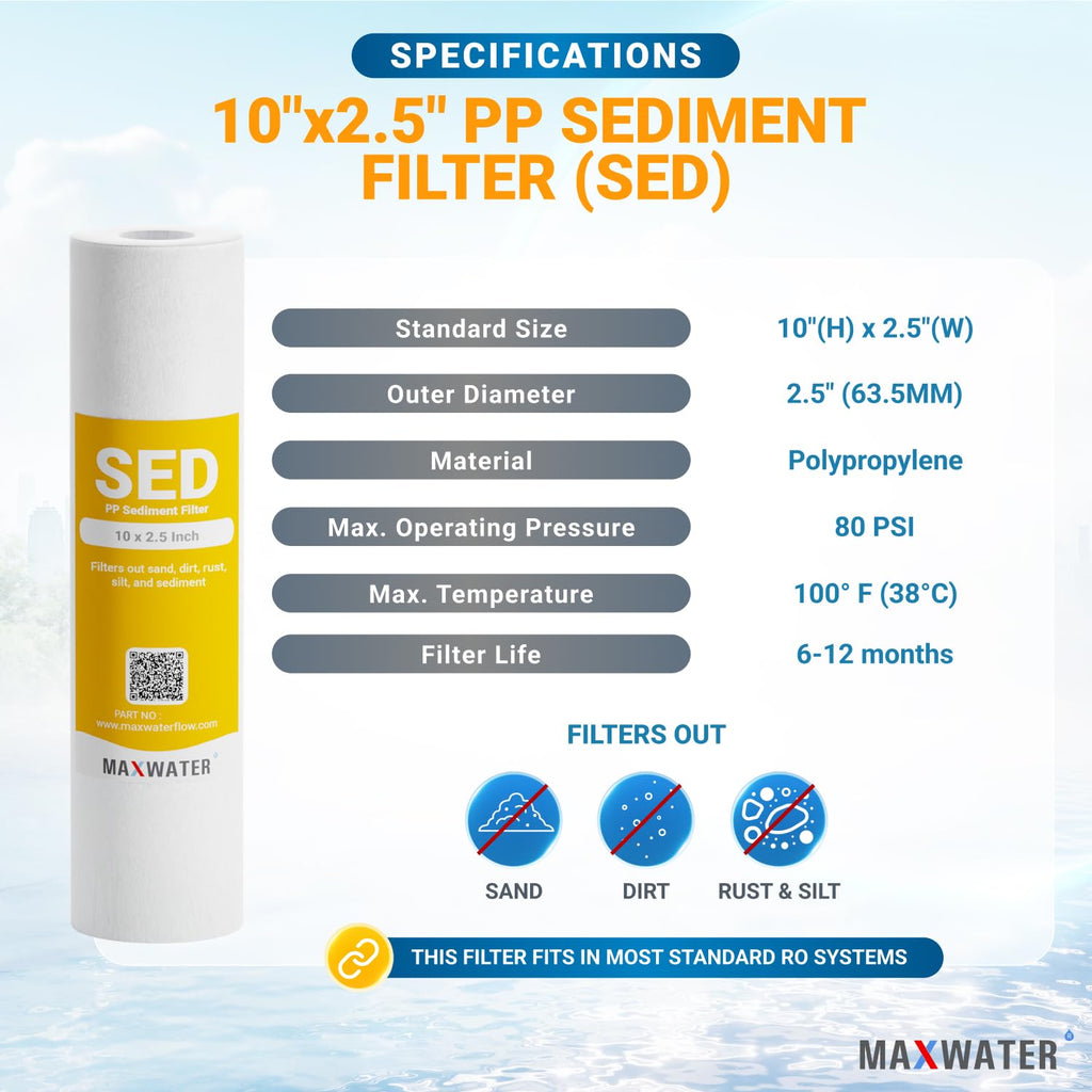 50 Pack of 10 Micron 10" x 2.5" Inch Polypropylene Sediment Filters compatible with 10" Standard RO Reverse Osmosis and WH Whole House Systems