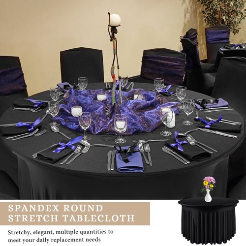 Preboun 6 Pack 4 Ft/ 48 Inch Spandex Round Tablecloths Wrinkle Free Stretchy Round Table Clothes for Table Tablecloth with Skirt for Party Wedding Home Decoration Parties Banquet (Black)