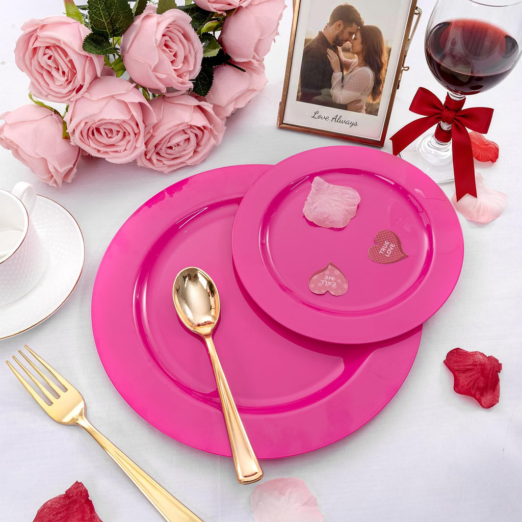 FLOWERCAT 60PCS Hot Pink Disposable Party Plates Set – 30 pcs 10.25″ Dinner Plates & 30 pcs 7.5″ Dessert Plates for Spring Parties, Valentine’s Day, Wedding – Sturdy & Stylish Tableware