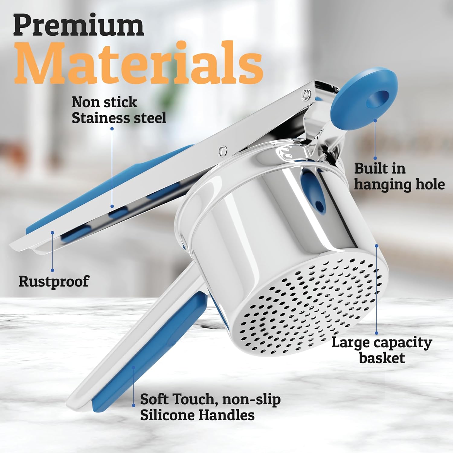 PriorityChef 15oz Potato Ricer - Heavy Duty Stainless Steel Masher for Perfect Mashed Potatoes | Blue