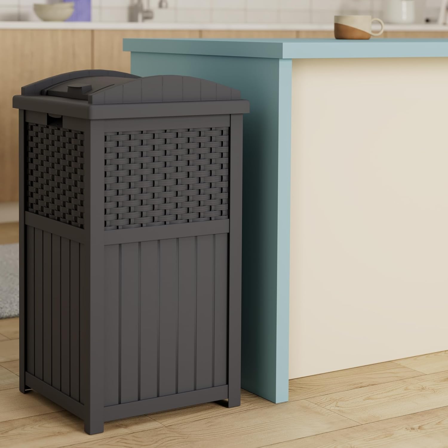 Suncast 33 Gallon Wicker-Style Trash Can - Secure Latching Lid & Weather-Resistant Design | Cyberspace Grey