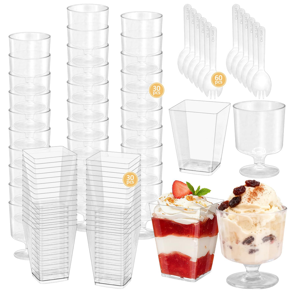 SIJDIEE 120 Pcs Plastic Dessert Cups with Spoons, 5 OZ Mini Clear Plastic Dessert Parfait Cup, Reusable Square Dessert Shot Glasses and Round Goblet for Party Ice Cream Cake Yogurt Fruit Pudding