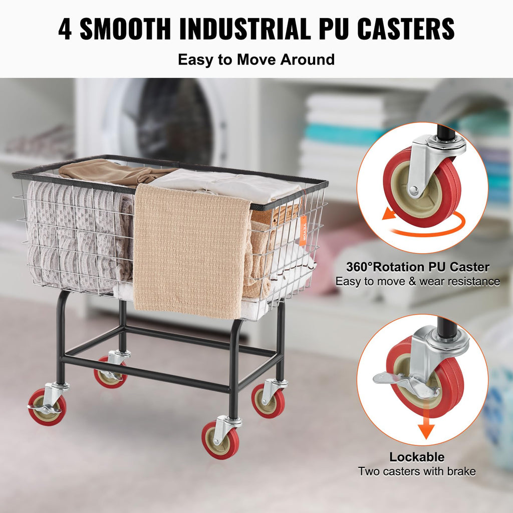 VEVOR Wire Laundry Cart, 2.8Bushel Wire Laundry Basket with Wheels, 26.7''x21.7''x26.4'' Commercial Basket Cart, Steel Frame with Chrome Finish, 4" Casters