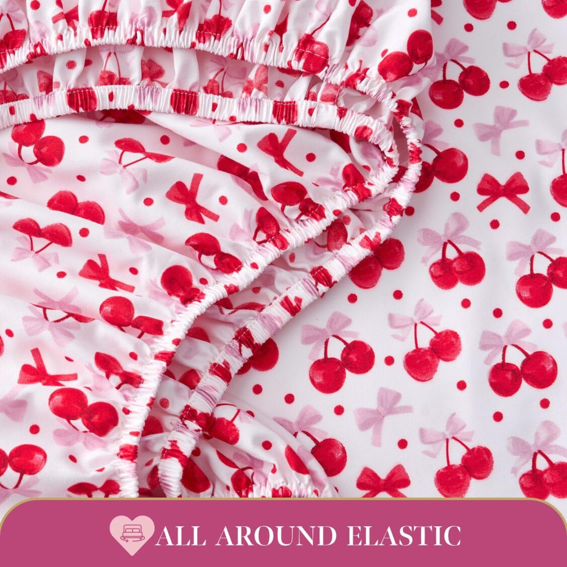Paris Hilton Queen Size Sheets Set – 4 Piece Bed Sheets with Fitted Sheet, Flat Sheet, 2 Pillow Covers, Fits up to 15" Mattress Deep Pocket Queen Sheet Set for Women, Cherries, Red