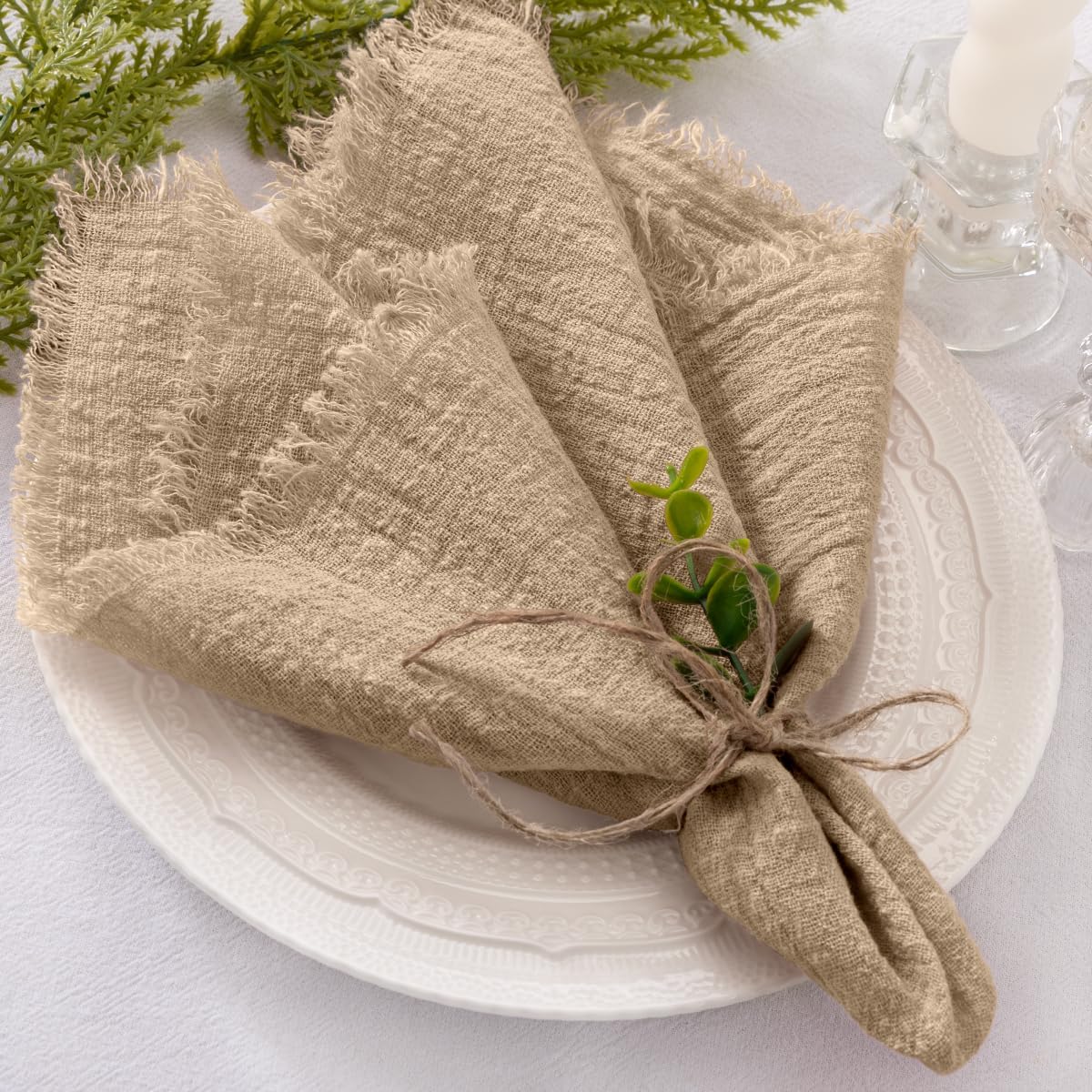 Socomi Linen Napkins Set of 6 - Washable Caramel Cloth Napkins for Weddings & Parties | 17"x17" Size