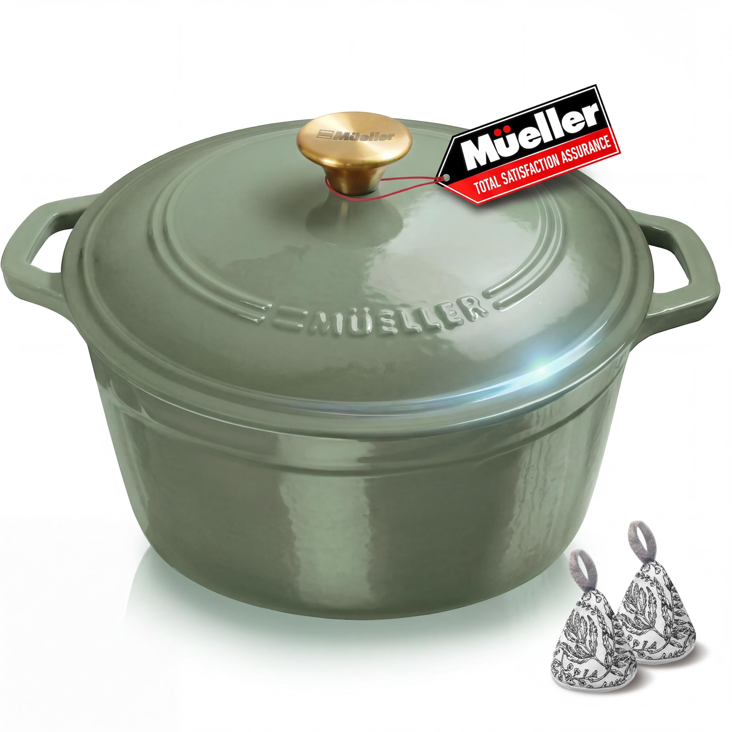 MUELLER HOME 6 Quart Enameled Cast Iron Dutch Oven For Sourdough Bread Baking, Heavy-Duty, Oven-Safe up to 500° F & Across All Cooktops, Casserole Dishes, Green Kitchen Accessories, Thyme Green