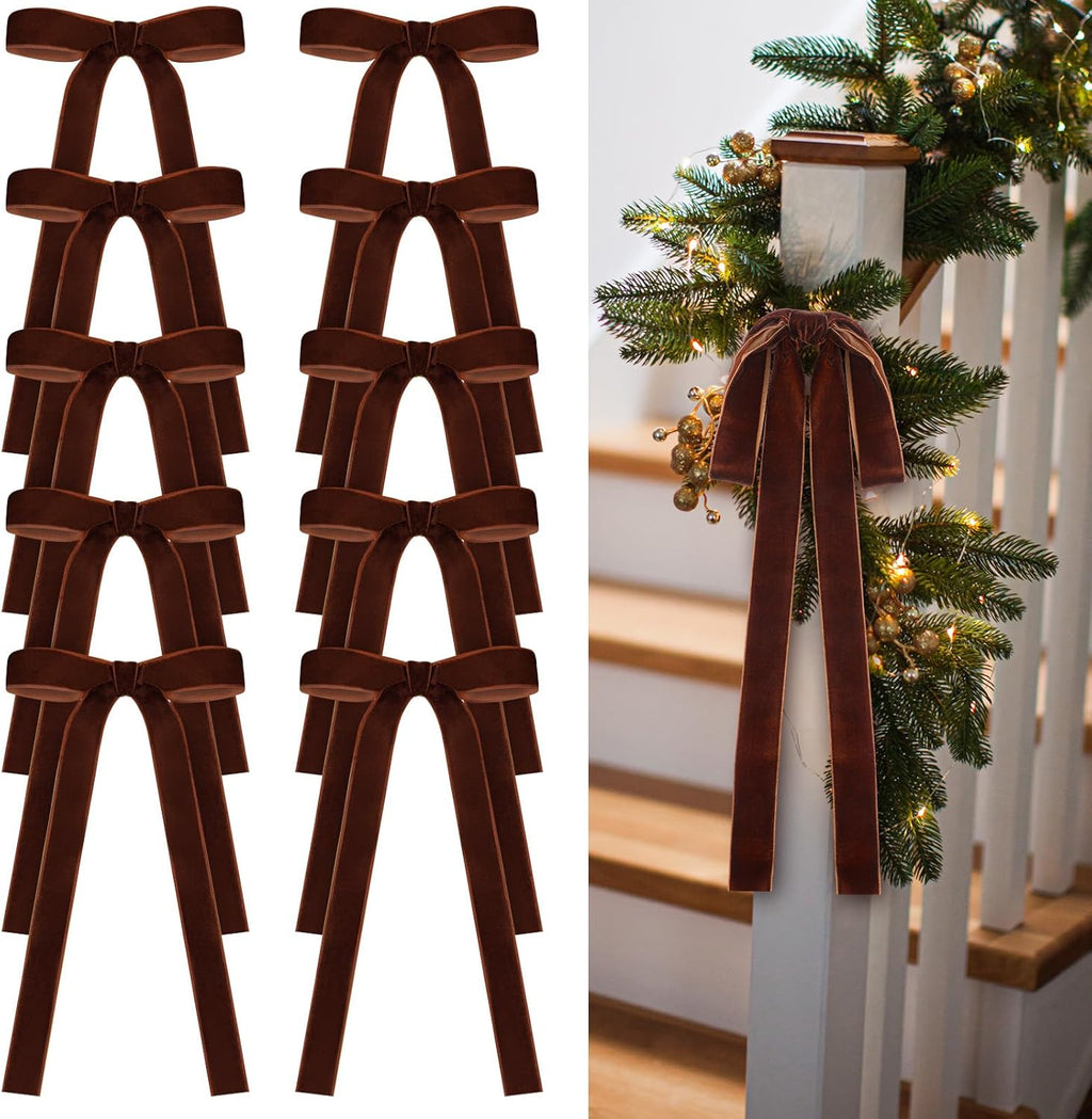 Skiennix 24 Pcs Velvet Bows - Vintage Ribbon Bows for Christmas Tree & Crafts | Reddish Brown, 9 x 13 Inch