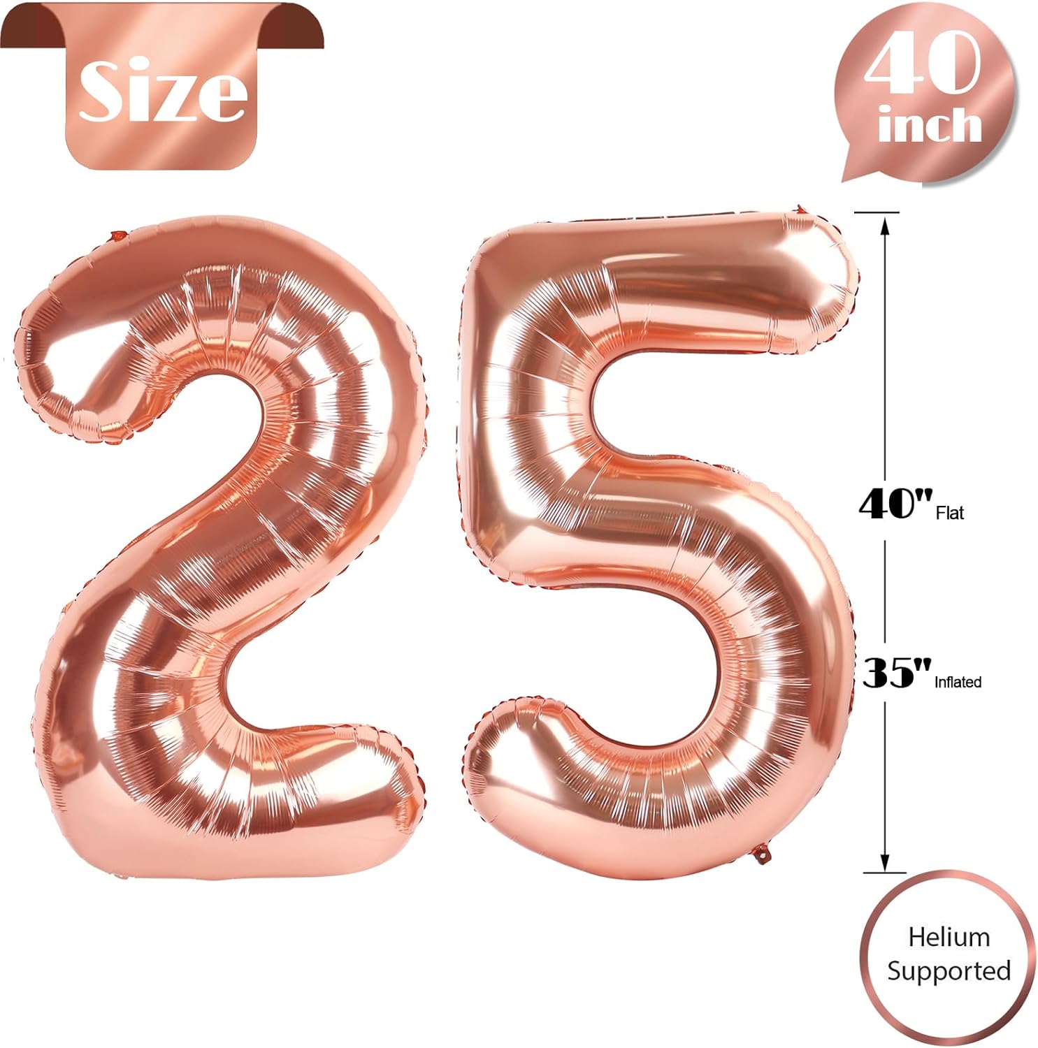 Rose Gold Number 25 Balloon - 40 Inch 25th Birthday Decoration for Men & Women