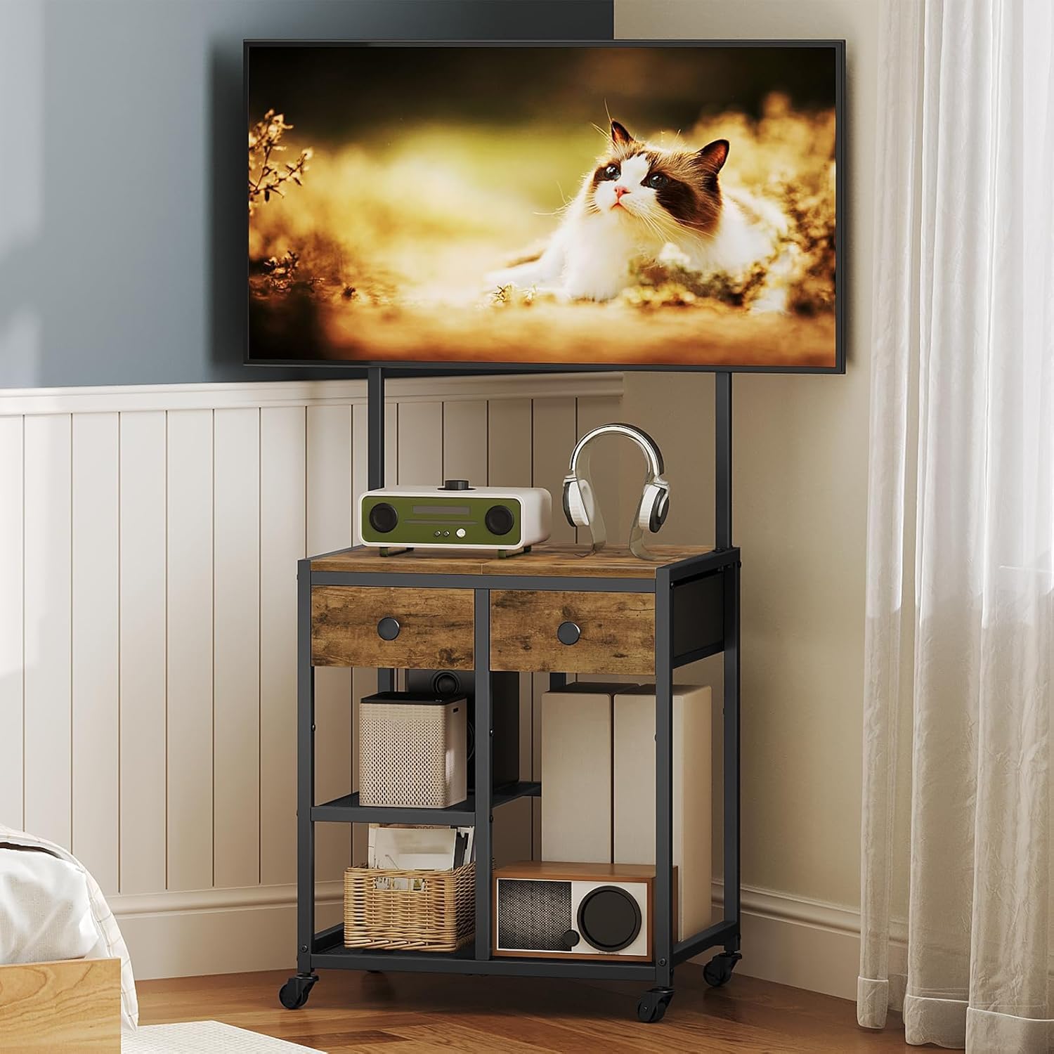 YATINEY TV Stand with Mount, Corner TV Stand with Wheels, for TVs up to 50 Inches, Rolling Entertainment Center, Small TV Stands, for Living Room, Meeting Room, Bedroom, Rustic Brown DS08BR