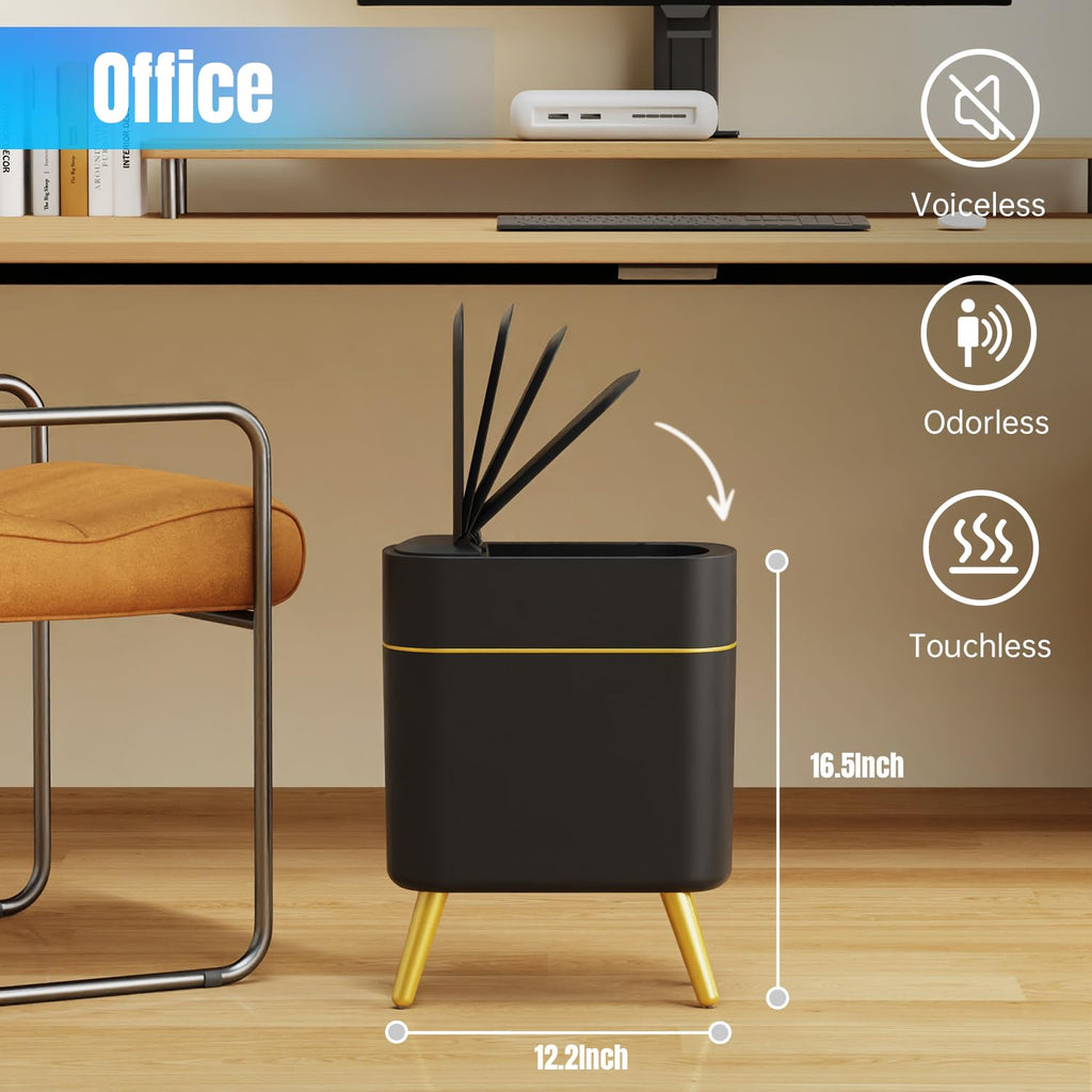 Yatmung Bathroom Trash Can Automatic Touchless Modern Smart Trash Bin - Narrow Waste Basket for Bedroom, Laundry Room, Office, Plastic - Motion Sensor Garbage Can with Lid - Black with Gold Edge