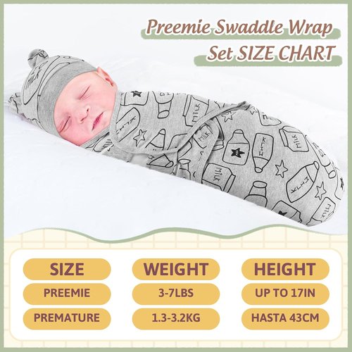 Buryeah Preemie Swaddle Blanket Wrap Set - 4 Pack with Hat for Baby Boys & Girls (3-7 lbs)