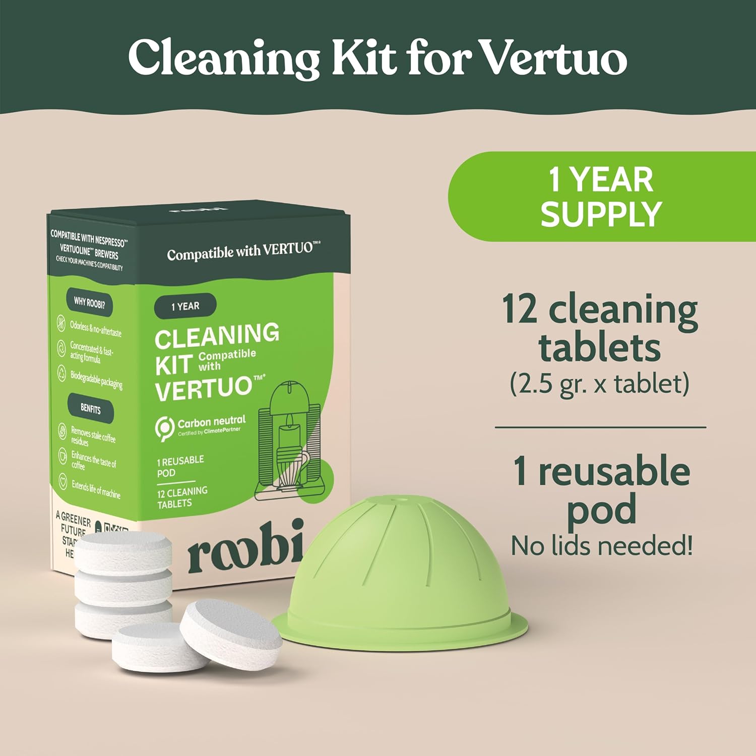 Roobi Cleaning Kit for Nespresso Vertuoline - 1 Reusable Pod & 12 Eco-Friendly Cleaning Tablets | 1-Year Supply