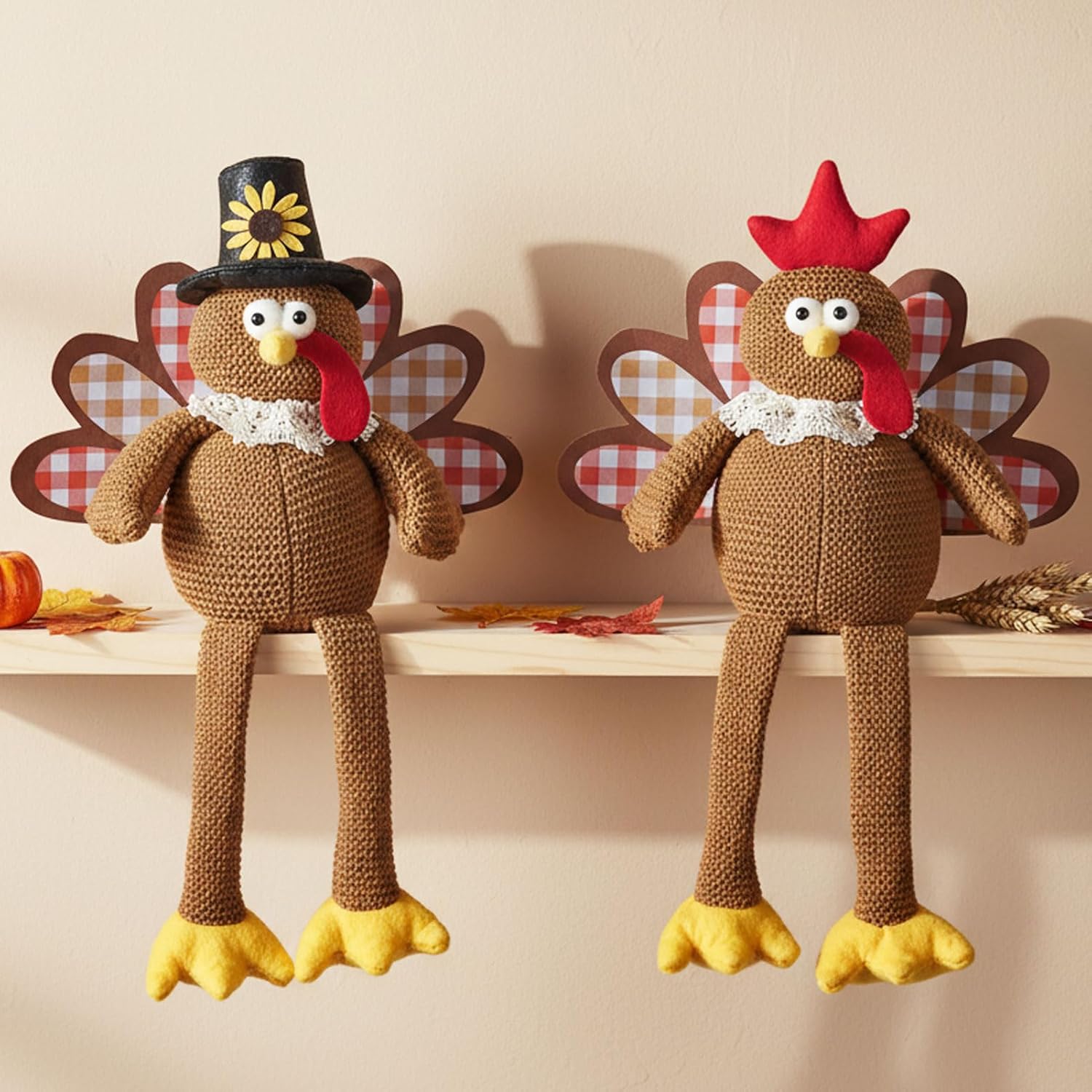 Regine Switzerland Thanksgiving Turkey Decorations - Set of 2 Plush Dolls for Fall Harvest Home Decor | Brown
