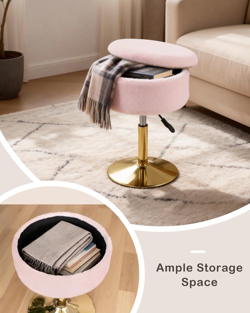 LITZFUR Adjustable Vanity Stool with Storage, 360° Swivel Gold Chair, Faux Fur Small Round Ottoman Footrest for Bathroom, Makeup Room, Pink